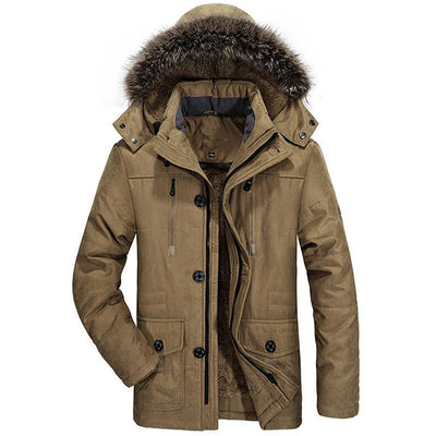 Winter Thick Casual Men Hooded Overcoats Windproof Parka Velvet Warm Coat - Khaki - Men's Jackets & Coats - Carvan Mart