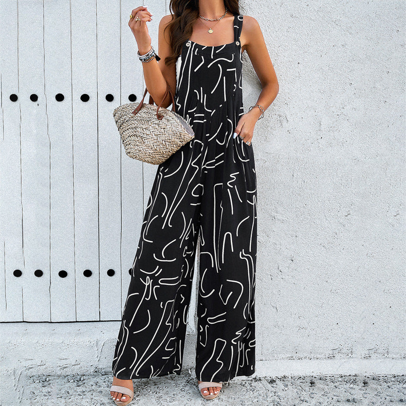 Square Neck Jumpsuit Fashion Print With Pockets Casual Loose Overalls Women - Black - Jumpsuits & Rompers - Carvan Mart