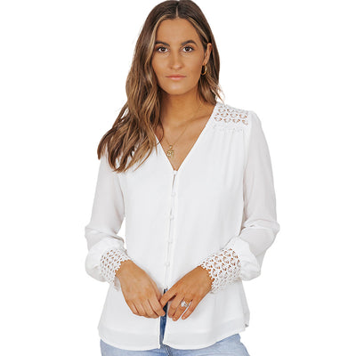 Solid Color Lace V-neck Single-breasted Shirt For Women - Carvan Mart