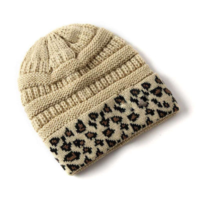 Beanie Women's Warm Leopard Print Knitted Hat - Khaki One Size - Women's Hats & Caps - Carvan Mart