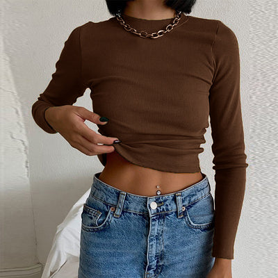 Casual Women's Blouses Fashion Navel-exposed Tight Long-sleeved Blouse - Brown - Winter Tops - Carvan Mart