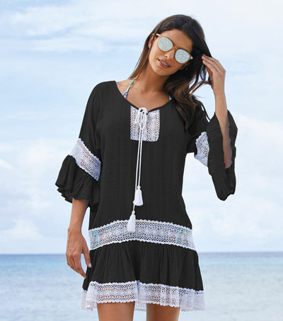 Tassel Tunic Lace Short Sleeve Beach Cover Up Dress - Black - Dresses - Carvan Mart