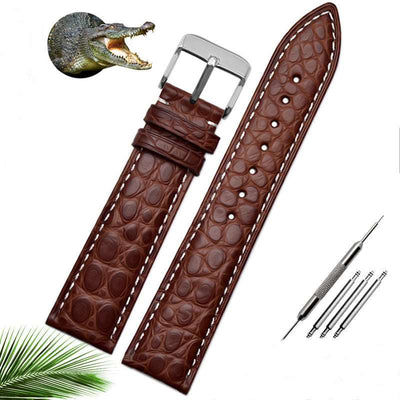 Alligator Belt Men's And Women's Watchbands Suitable For Merdo Accessories - Brown white thread silver - Men's Belts - Carvan Mart