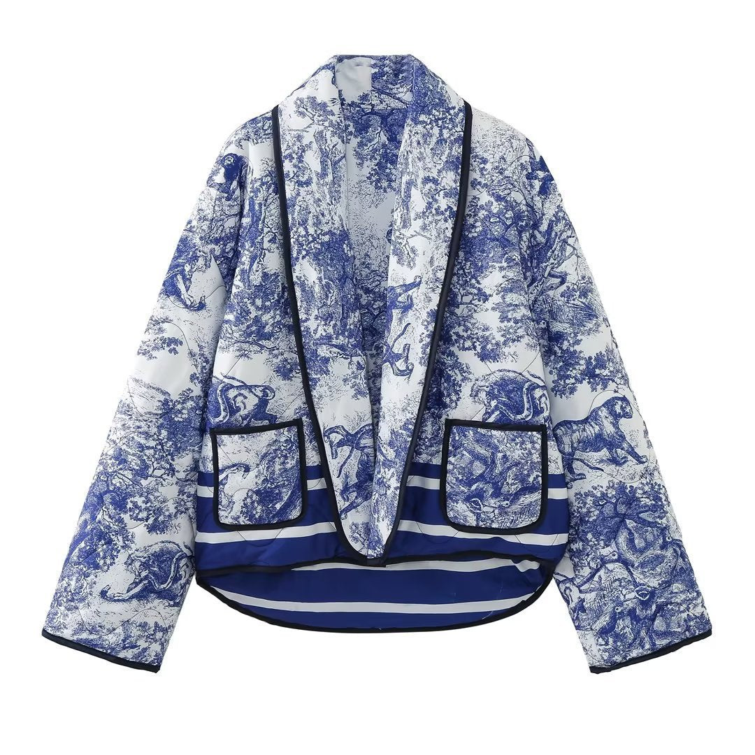 Printed Double Pocket Embellished Cotton Jacket - Dark Blue - Women's Coats & Jackets - Carvan Mart