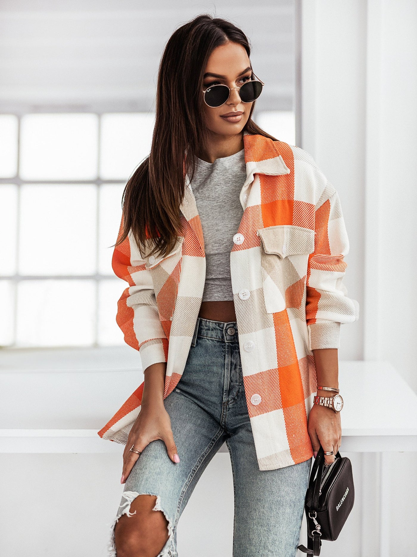 Women's Fashionable Color Plaid Shirt Brushed Woolen Coat - Orange - Women's Coats & Jackets - Carvan Mart