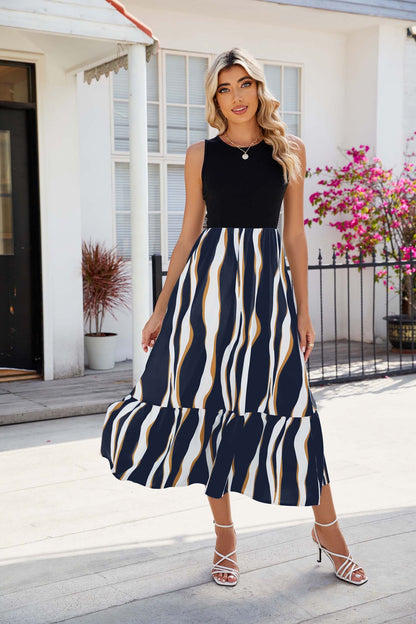 Women's Round Neck Sleeveless Long Dress Summer Fashion Striped Print Dress