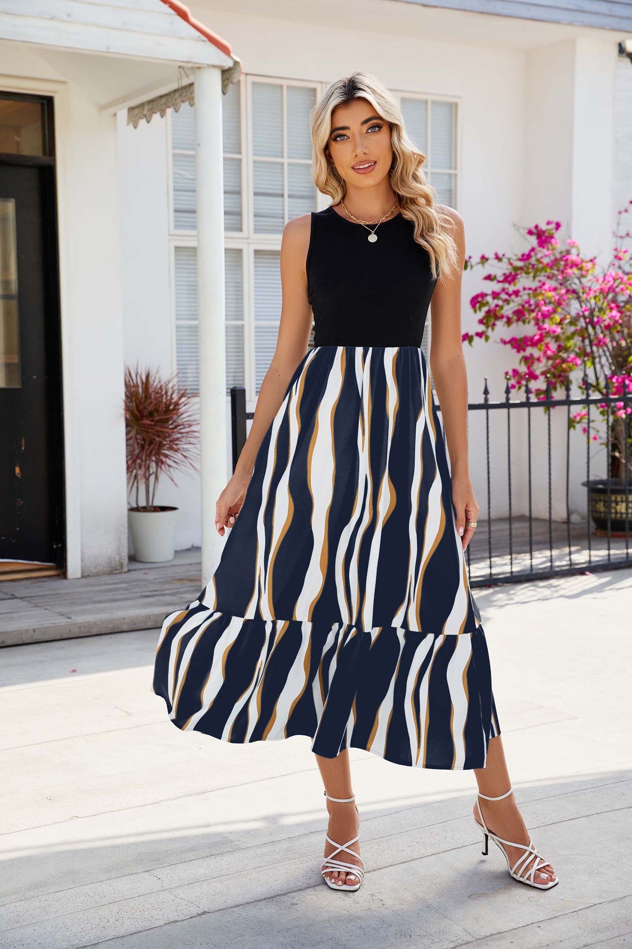 Women's Summer Dresses Round Neck Sleeveless Striped Print Midi Dress - Navy Blue - Dresses - Carvan Mart