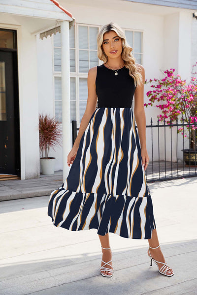 Women's Summer Dresses Round Neck Sleeveless Striped Print Midi Dress - Carvan Mart