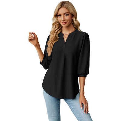 Solid Color Lace Collar Jacquard Long Sleeve Loose-fitting T-shirt Top - Carvan Mart