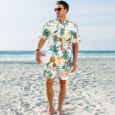 Men's Beach Travel Printed Cool Shorts Shirt Double-layer Two-piece Set - - Men Suits & Sets - Carvan Mart