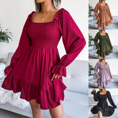 Flared Long Sleeve Dresses Women Square Neck Ruffled Swing Dress - - Dresses - Carvan Mart