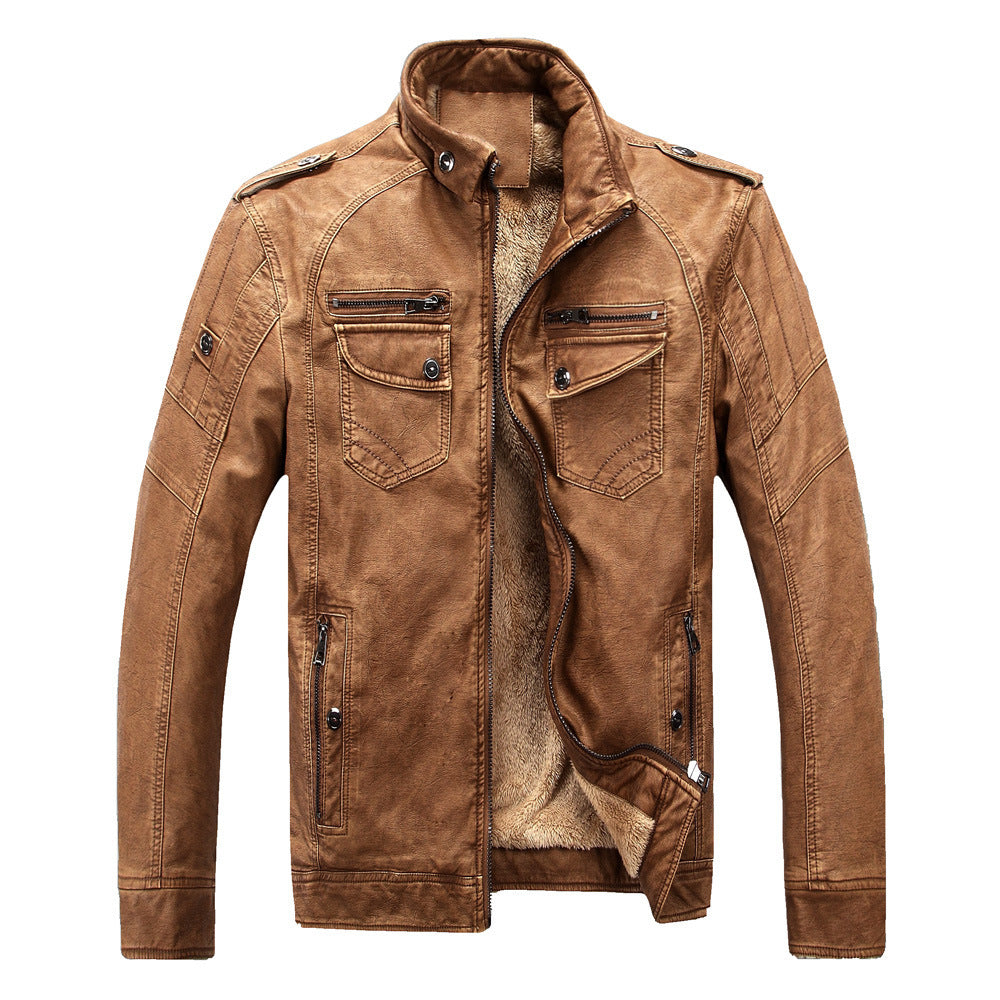 Leather Jacket Plus Velvet Washed Retro Leather Jacket - Carvan Mart