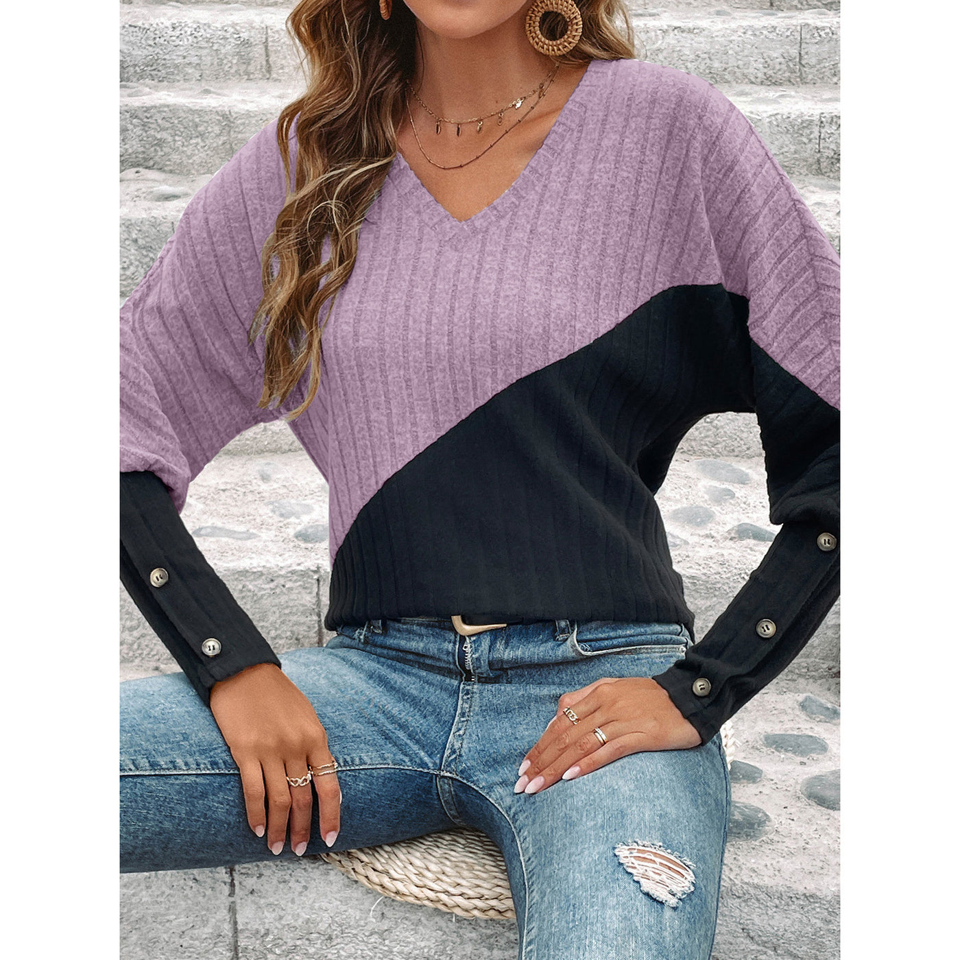 Long Sleeve V-collar Contrast Color Slimming Top - Light Purple - Tops & Tees - Carvan Mart