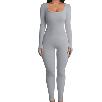 Women's Sports Fitness Jumpsuit Yoga Workout Long Sleeve Jumpsuit - Light grey - Jumpsuits & Rompers - Carvan Mart