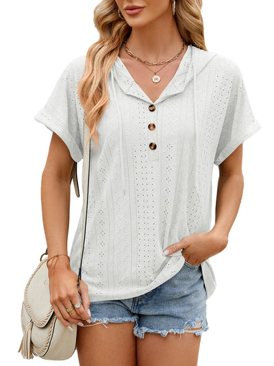 Women's T-shirt Loose Hollow Design Short-sleeve Top - White - Blouses & Shirts - Carvan Mart