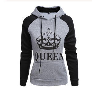 Printed Hooded Couple Sweatshirt - Grey QUEEN - Women Hoodies & Sweatshirts - Carvan Mart