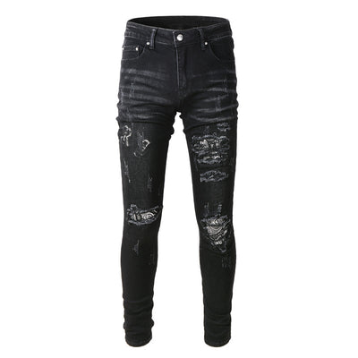 Men's Black Paisley Printed Patch Ripped Jeans - - Men's Jeans - Carvan Mart