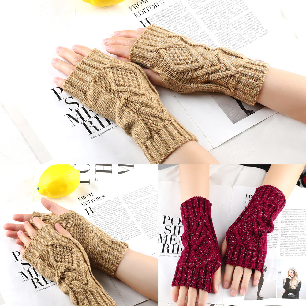 Shiny Silver Silk Knitting Wool Gloves Diamond-shaped Missing Finger - Carvan Mart