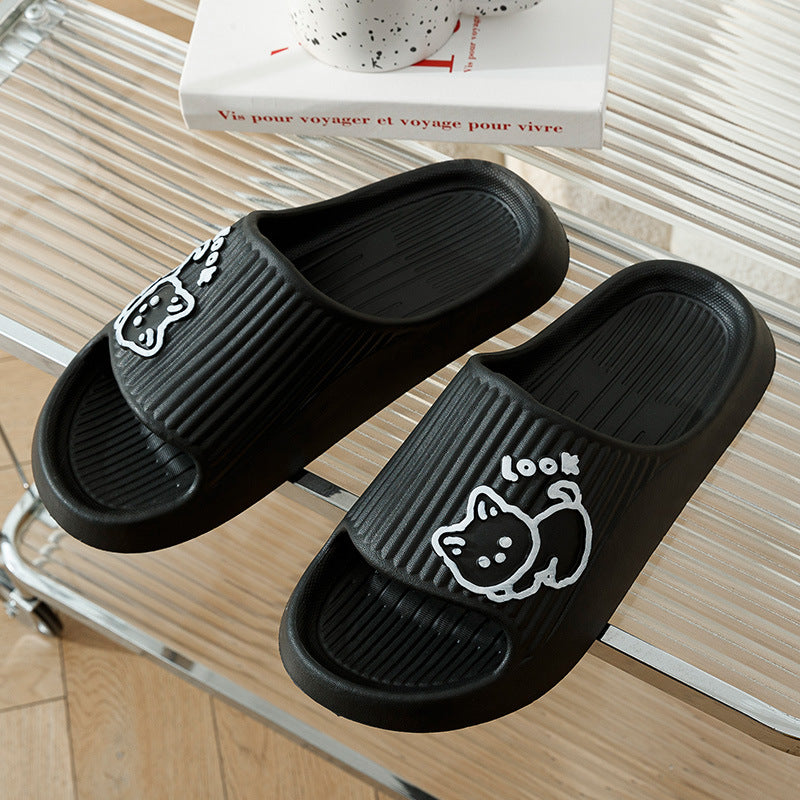 Cute Cat Slippers Summer Women Home Shoes Bath Thick Platform Non-Slip Slides Indoor Outdoor - Black - Women's Slippers - Carvan Mart