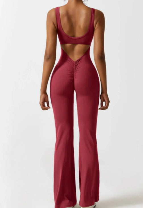 Women V-Back Flared Jumpsuit Bodysuit Casual Hollow Seamless Jumpsuit - Burgundy - Jumpsuits & Rompers - Carvan Mart