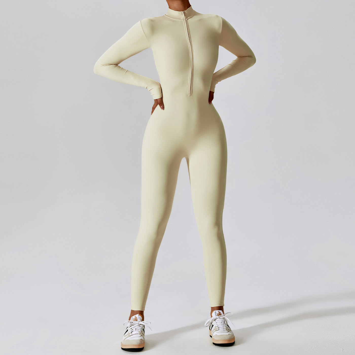 Women's Long-sleeve Zipper Yoga Sports Jumpsuit - Apricot - Active Attire - Carvan Mart