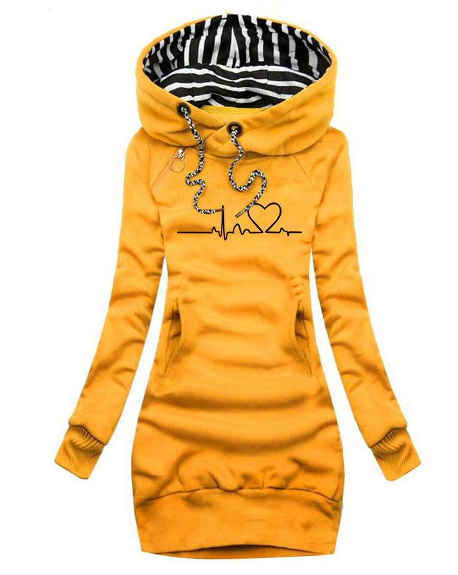 Heart Print Long Hoodie Women - Yellow - Women Hoodies & Sweatshirts - Carvan Mart