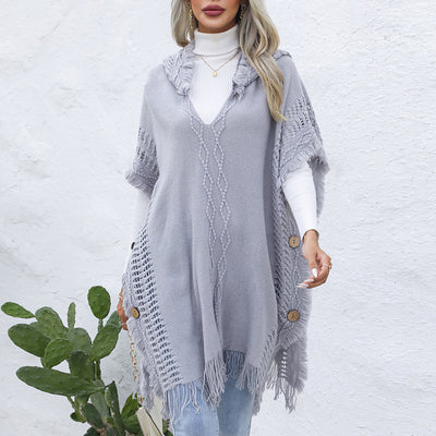 Stylish Women's Knitted Poncho Sweater - Fringe Hooded Pullover - Gray Free Size - Sweaters - Carvan Mart