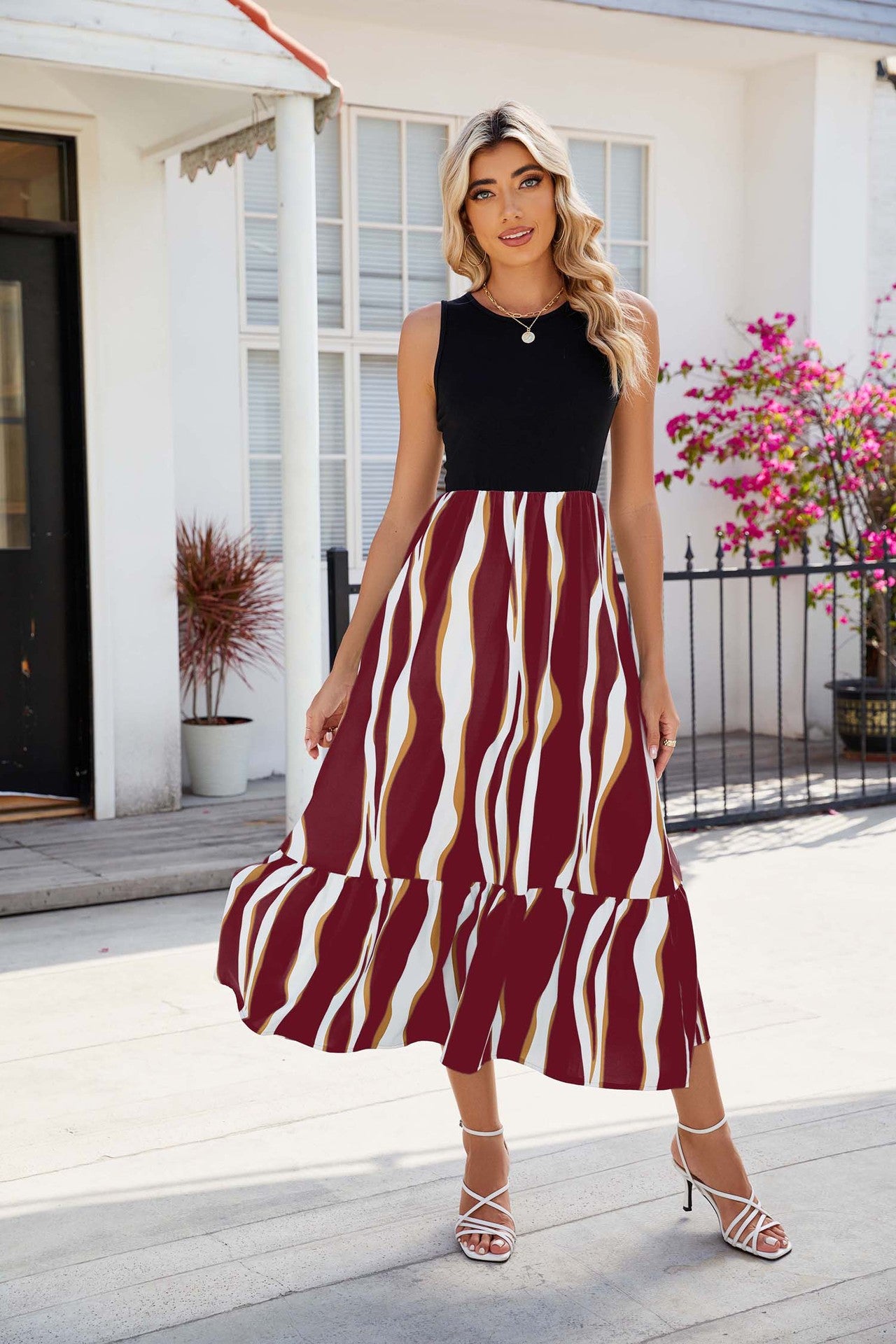 Women's Summer Dresses Round Neck Sleeveless Striped Print Midi Dress - Wine Red - Dresses - Carvan Mart