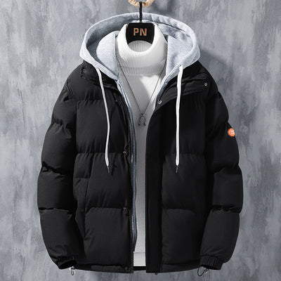 Fashion Hooded Men Winter Windproof Thickened Fake Two-piece Coat Solid Leisure Cotton Jacket - Carvan Mart