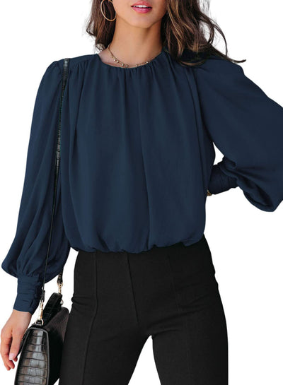 Women's Blouse Solid Color Round Neck Long Sleeve - Navy Blue - Blouses & Shirts - Carvan Mart