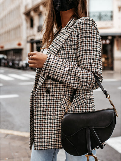 Women's Houndstooth Blazer – Stylish Checkered Jacket for Casual and Formal Wear - - Women's Coats & Jackets - Carvan Mart
