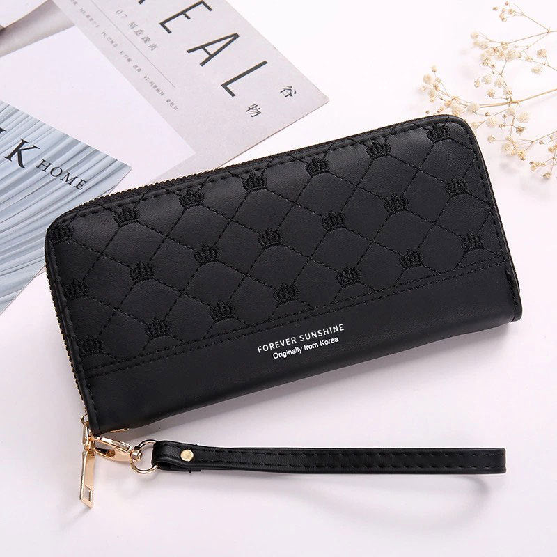 Long Crown Embroidery Thread Single Zip Clutch Wallet Women - Black - Women's Wallet - Carvan Mart