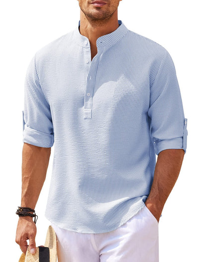 Men's Casual Long Sleeve Stand Collar Solid Color Shirt - Blue - Men's Shirts - Carvan Mart