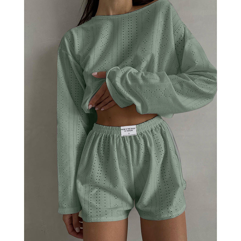 2pcs Women's Suit Long Sleeve Pullover Top And Shorts Simple Slim Fit Loose Hollow-out Suits - Green - Suits & Sets - Carvan Mart