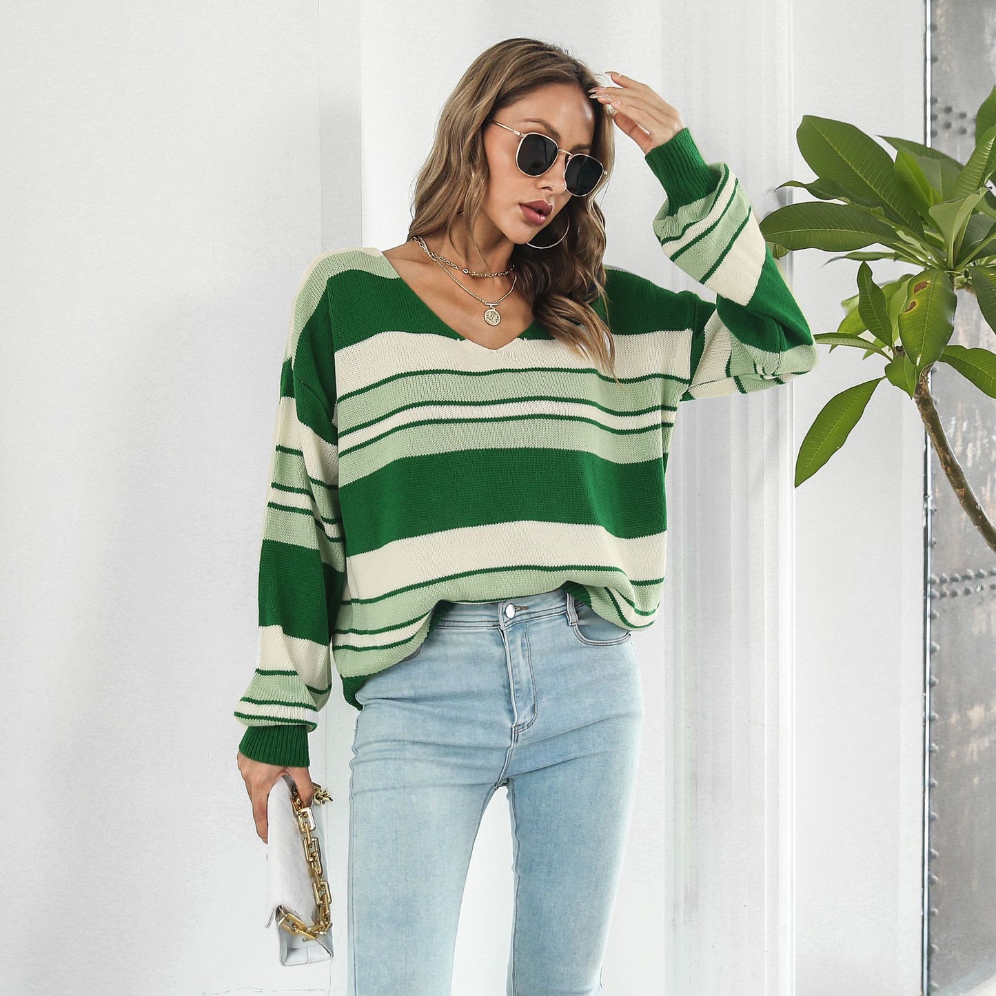 Women's Fashionable Loose Striped V-neck Long-sleeved Sweater - Carvan Mart Ltd