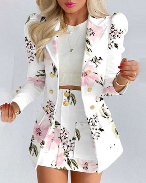 Blazers Two-piece Set, Casual Fashion Solid Loose Long Sleeve Blazers & Mini Skirt, Women's Clothing - White Green - Suits & Sets - Carvan Mart