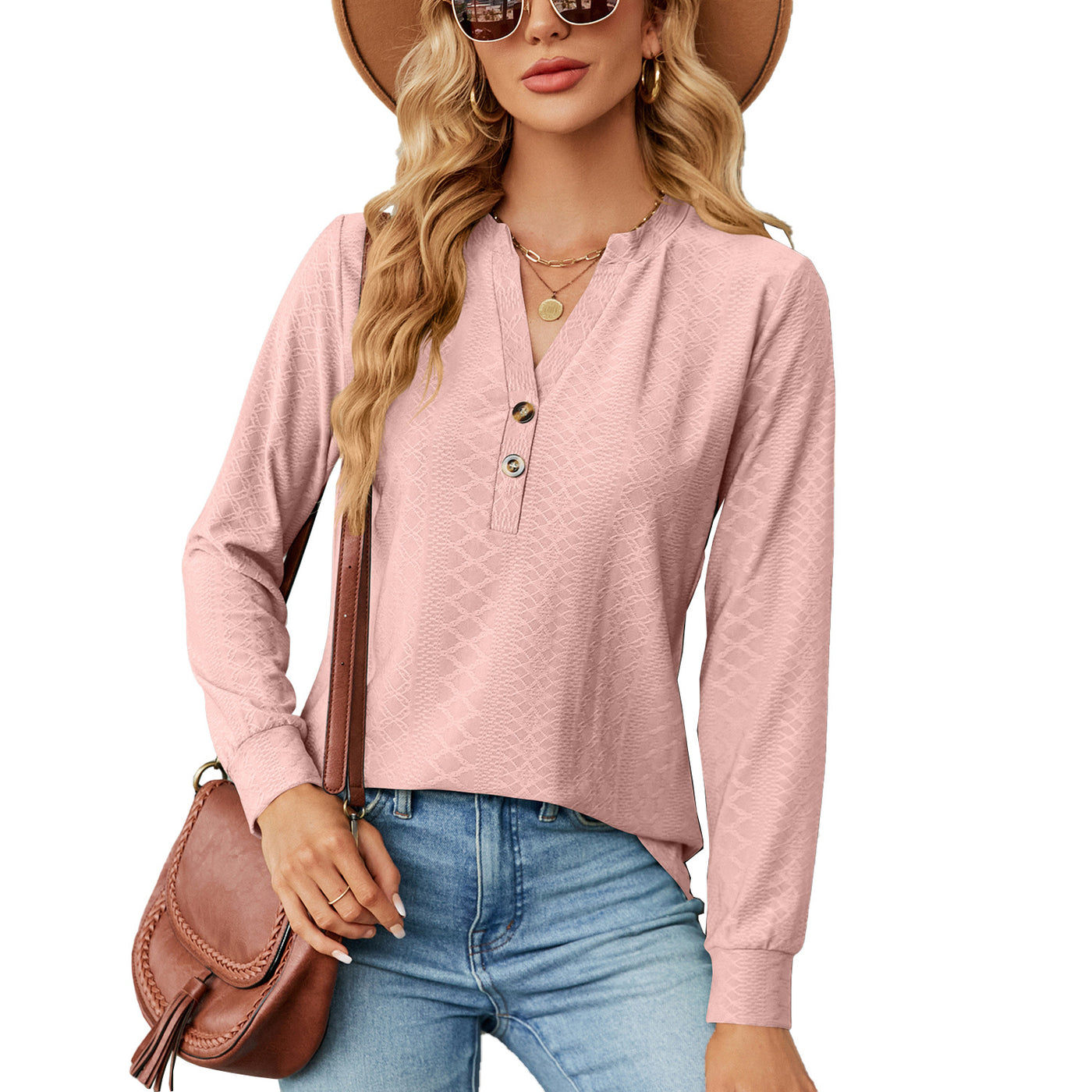 Relaxed-fit V-neck Tees Solid Color Button Jacquard Loose Long Sleeve Top - Leather Pink - Winter Tops - Carvan Mart