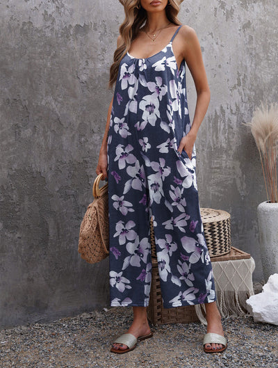 Jumpsuit Flowers Print Suspender With Pockets Fashion Round-neck Overalls For Women - Carvan Mart