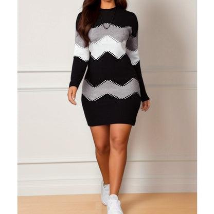 Mid-length Short Skirt Round Neck Long Sleeve Printed Knitted Sheath Dress