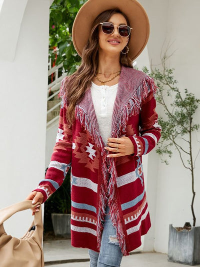 Loose Hooded Tassel Geometric Women's Brocade Sweater Coat - Carvan Mart