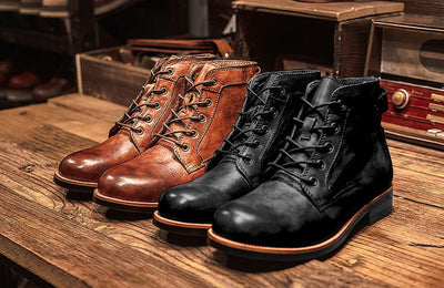 Retro Boots Men's Lace-up Leather Ankle Boot Low Heel Motorcycle Shoes - Carvan Mart