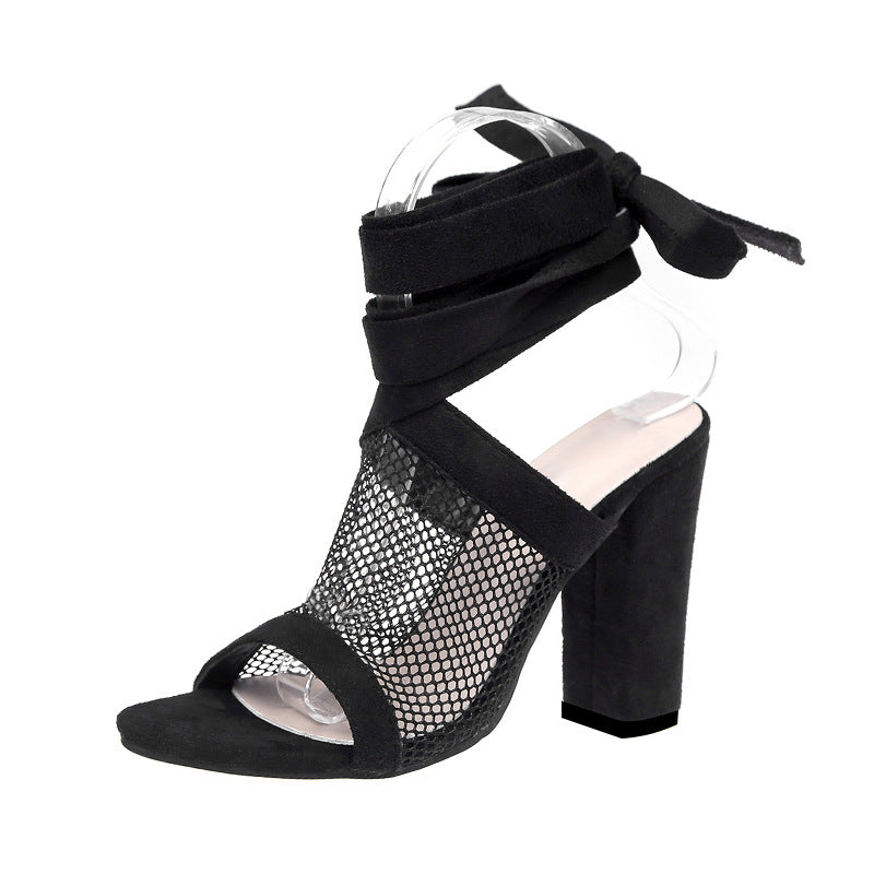 Women Sandals Bandage Flock Cross Strap Lace Up Black High Heels Shoes - Carvan Mart