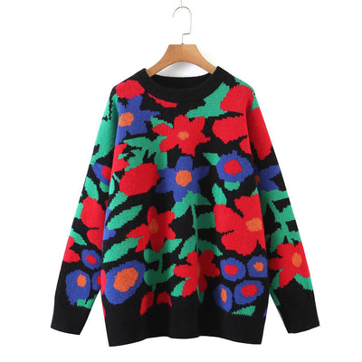 Women's Fashion Embroidered Crew Neck Loose-fitting Long Sleeve Sweater - Carvan Mart