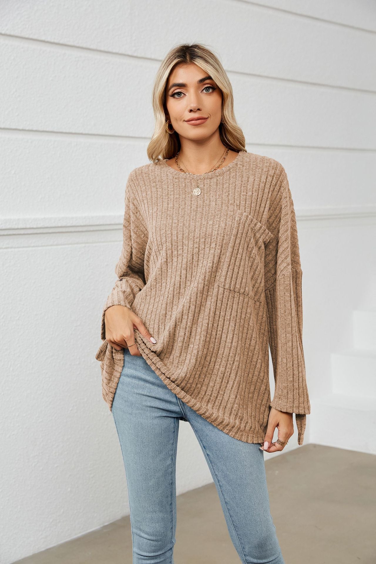 Women's Sunken Stripe Fleece Long-sleeve T-shirt Boat-neck Striped Tees - Carvan Mart