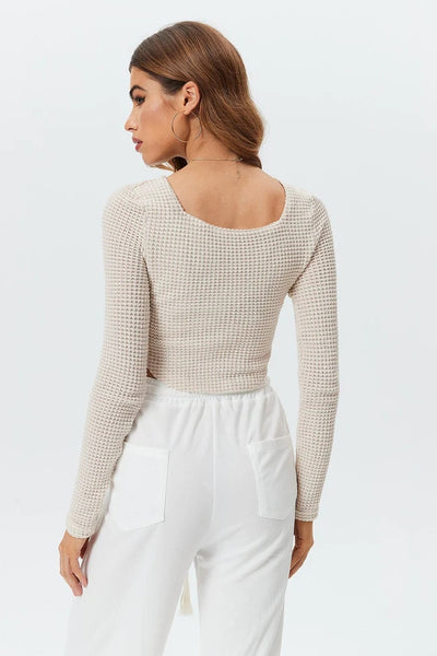 Square Neck Knit Cropped Long Sleeve T-Shirt - Carvan Mart