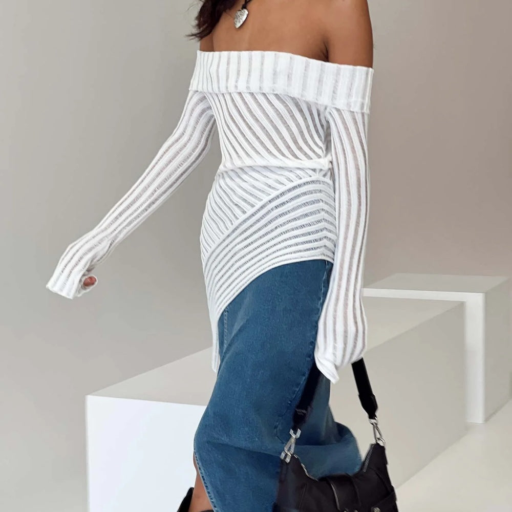 French Style Off-shoulder Long Sleeve Knitted Woolen Pullover - Carvan Mart