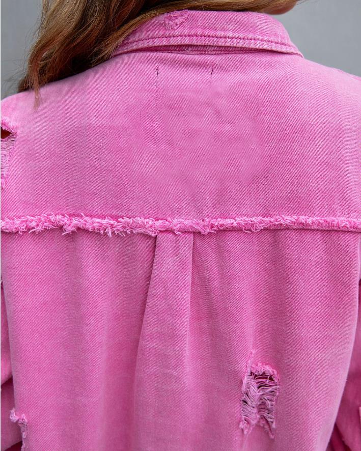 Women's Oversized Frayed Lightweight Denim Jacket Button Down Ripped Distressed Jean Shacket - Carvan Mart Ltd