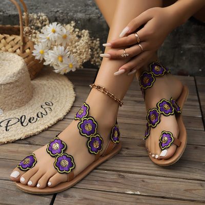 Ethnic Flower Flat Sandals Summer Vacation Casual Clip Toe Beach Shoes For Women - Purple - Women's Sandals - Carvan Mart