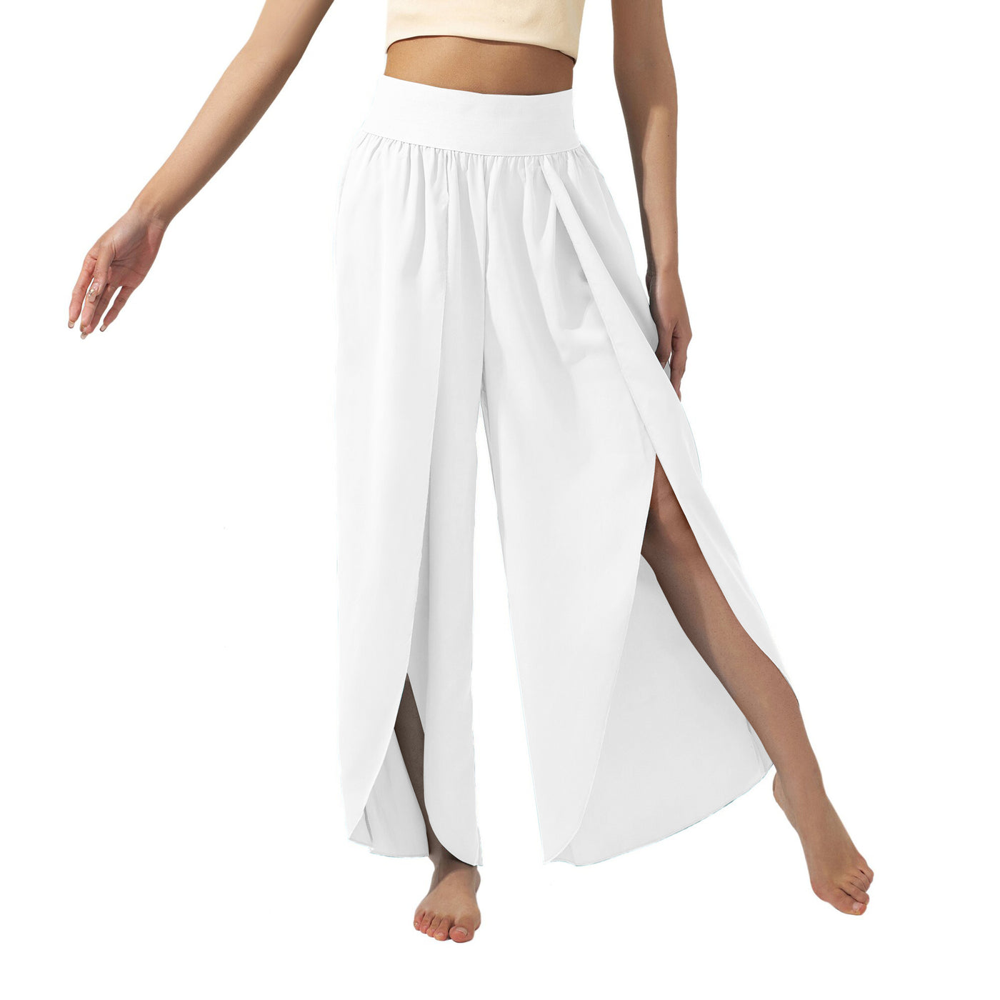 Flowy High-Waisted Split Leg Pants - Beachwear Boho Palazzo in Teal - White - Pants & Capris - Carvan Mart