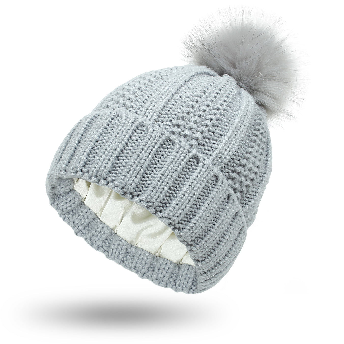 Fashion Stretchy Satin Lined Skull Knit Hats Beanie Hat For Women Faux Fur Pom Pom Hat Winter Keep Warming Beanie Hat - Light Grey One size - Women's Hats & Caps - Carvan Mart